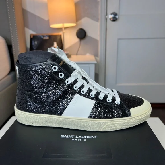 Saint Laurent Black Glittered SL/37 Court Classic Sneakers Size 8